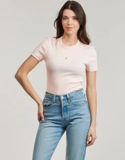 T-shirts & Polos^Calvin Klein Jeans - WOVEN LABEL RIB FITTED TEE Rose