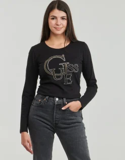 T-shirts & Polos^Guess - LS RN STUDDED LOGO TEE Noir