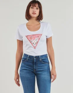 T-shirts & Polos^Guess - RN SATIN TRIANGLE Blanc