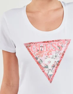 T-shirts & Polos^Guess - RN SATIN TRIANGLE Blanc